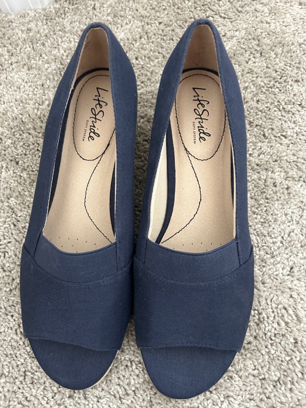 Life Stride Soft System Navy Canvas Espadrille Wedge Peep-Toe